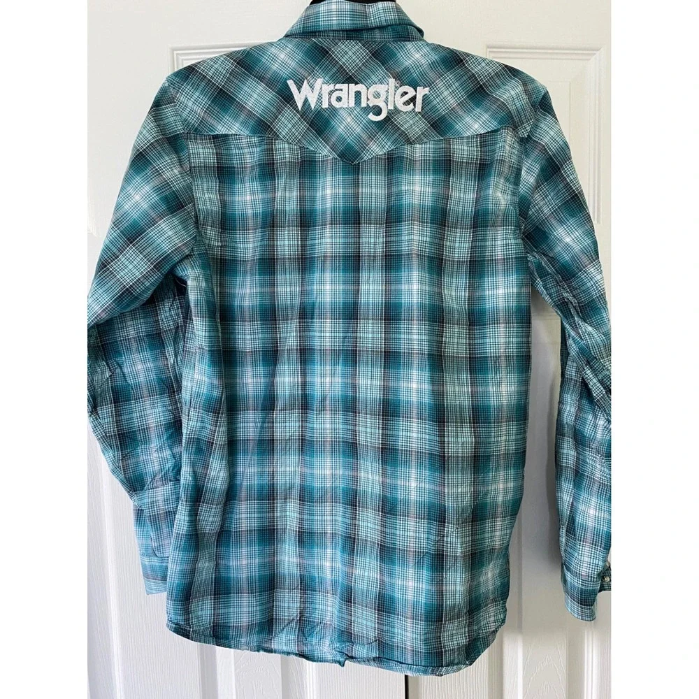 Wrangler Western Snap Shirt Kids XL Teal Plaid Cowboy Rodeo Logo Boho